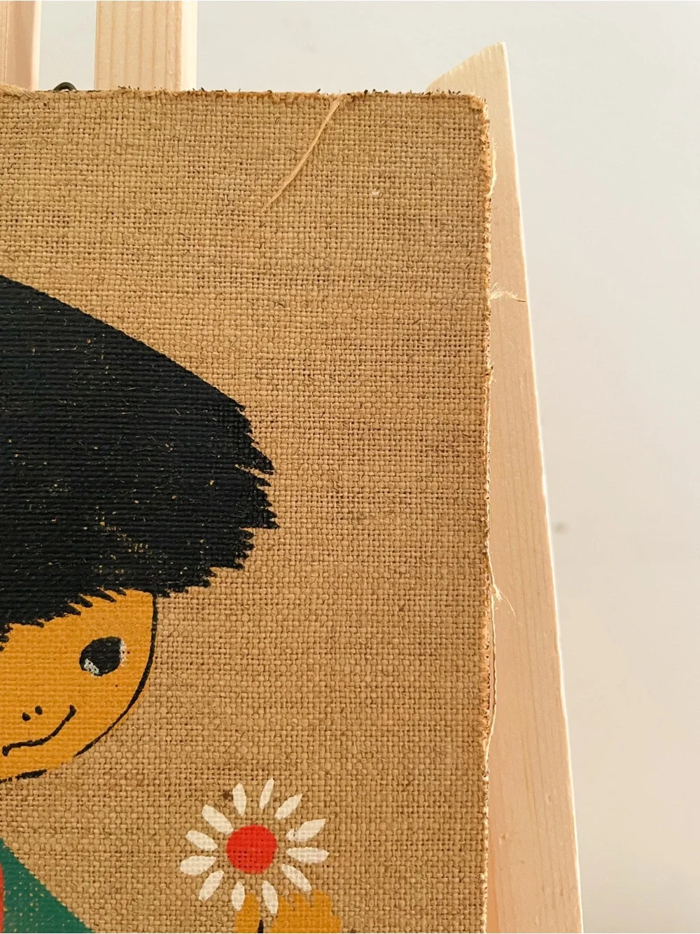 VTG Mid Century Agnes Boy with Flowers Burlap Wood Wall Art Plaque Panel MCM